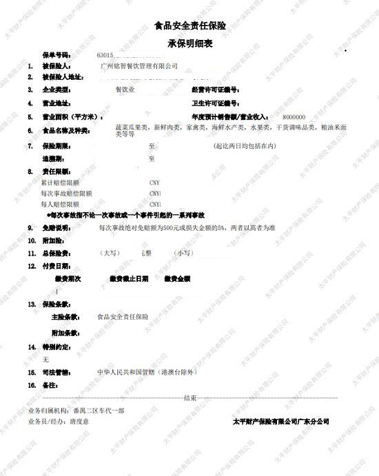 食品安全責任險承保明細